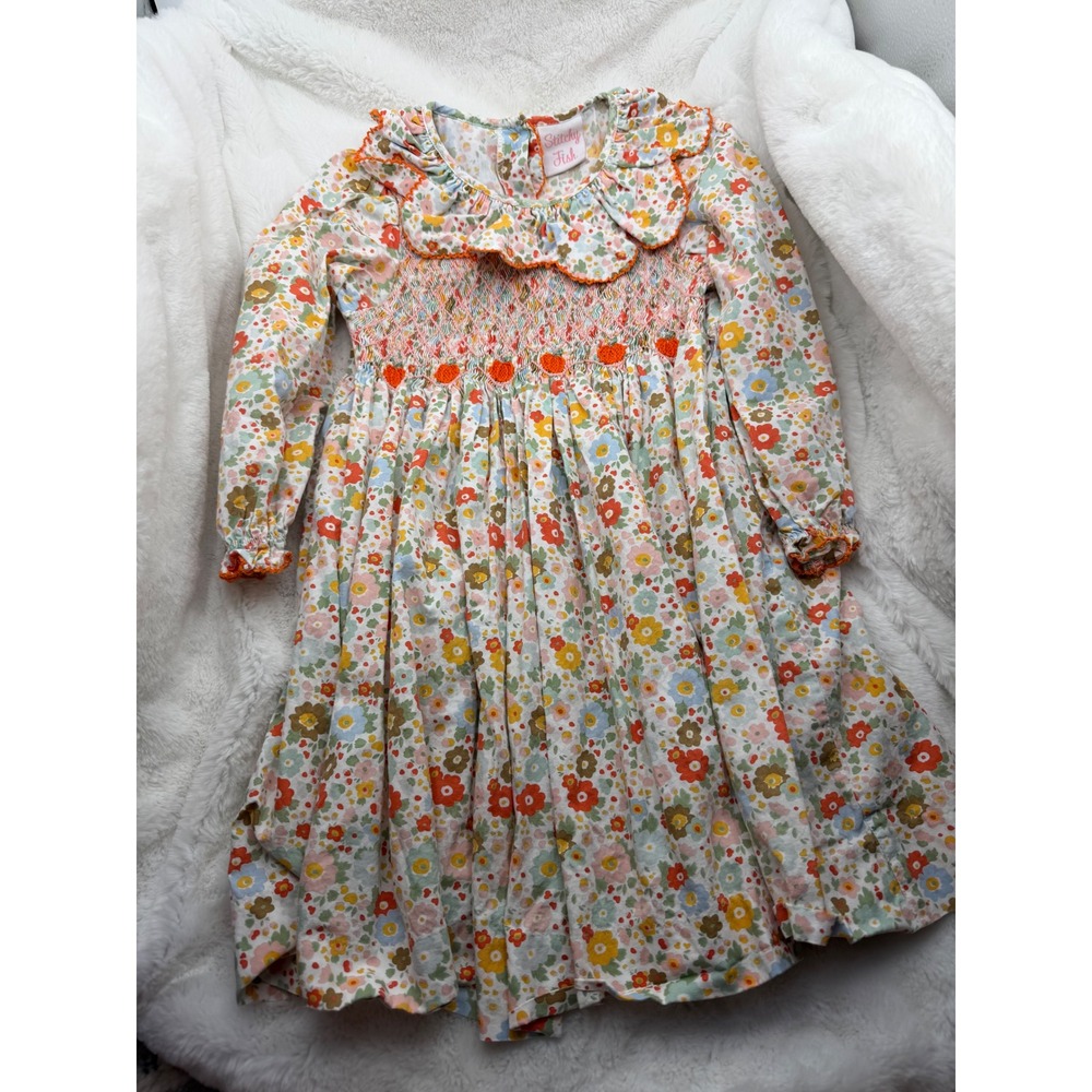 Stitchy Fish Girls Floral Smocked Pumpkin Dress Long Sleeve Cotton Orange Size 6